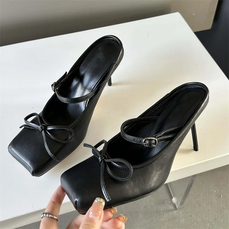 binfenxie  New Design Bowknot Square Toe Women Pumps Sexy Buckle Strap Thin High Heels Banquet Prom Mule Slippers Shoes