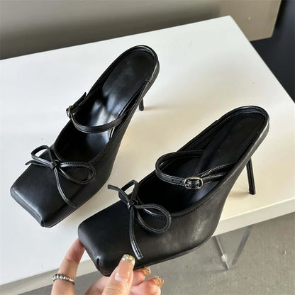 Futurecen  New Design Bowknot Square Toe Women Pumps Sexy Buckle Strap Thin High Heels Banquet Prom Mule Slippers Shoes