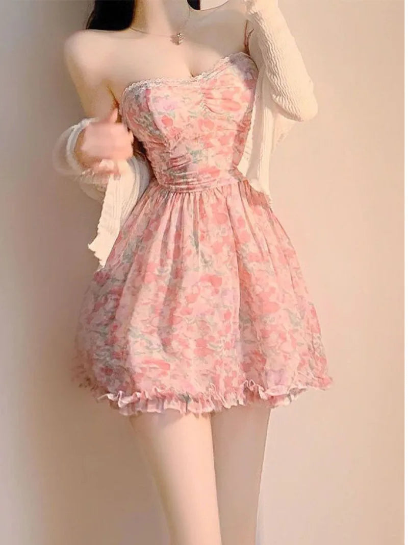 binfenxie Sweet New Pink Sexy Dress Sweet Fresh Style Fragmented Flowers Print Waist Wrapped Slim Student Summer Short Lovely