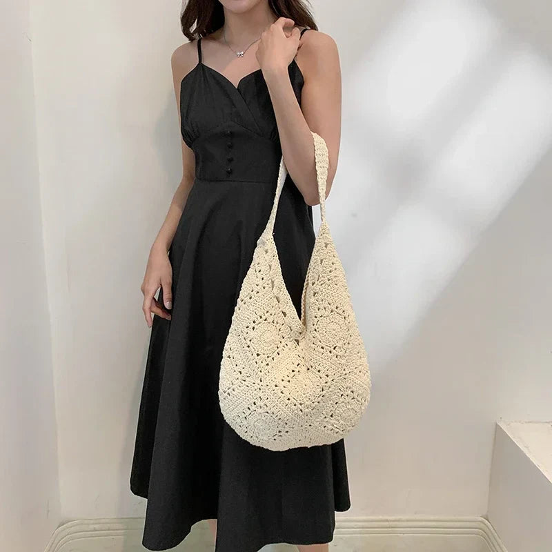 binfenxie Straw Woven Hollow Out Shoulder Bags Large Capacity Casual Versatile Unique Design Handbags for Women Fashion New Tote