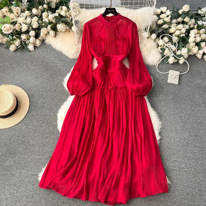 binfenxie French Designer Fashion Women Organza Stand Collar Party Dress Luxury Spring Diamonds Tassel Ruffles Puff Sleeve Slim Midi Dress