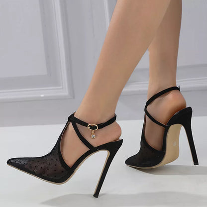 Futurecen New Fashion Black Mesh Pointed Toe Stiletto High Heels Sandals Female Ankle Buckle Strap Party Stripper Shoes Women Pumps