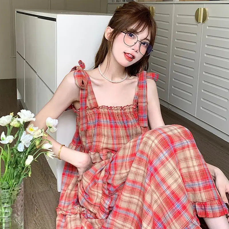 Vintage Plaid Dresses Women Ruffles Sweet French Style Bandage Loose Casual Girlish Summer New Ins Aesthetic Temperament Ulzzang