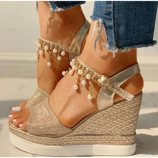 New Women Wedge Sandals Summer Bead Studded Detail Platform Sandals Buckle Strap Peep Toe Thick Bottom Casual Shoes Ladies