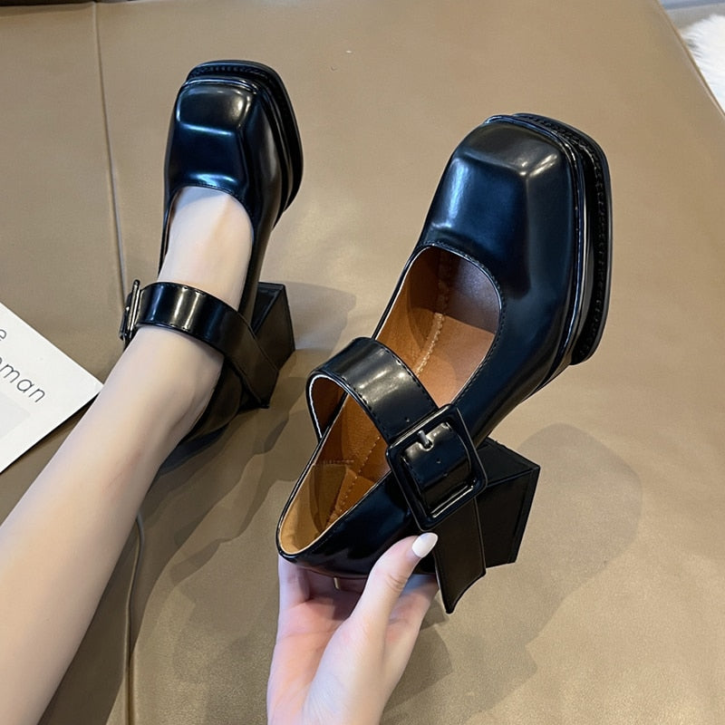 Black White Platform Mary Jane Shoes for Women Heels Retro Square Toe Buckle Women Pumps  Super High Heels Dress Shoes