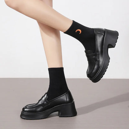 Pu Leather Platform Loafers Woman British Style Thick Heels Oxfords Shoes Women Slip On College Gothic Shoes Mujer