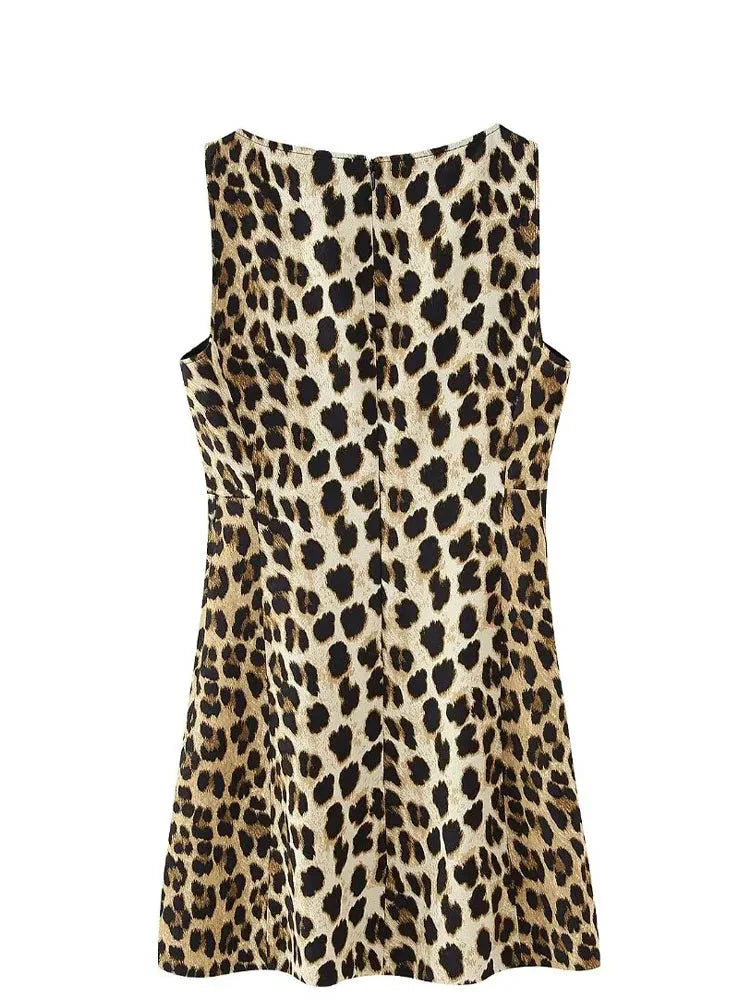 Woman Summer Fashion Leopard Print Sexy Mini Dress Vintage Women Sleeveless Zipper Folds Holiday Party Dresses Mujer