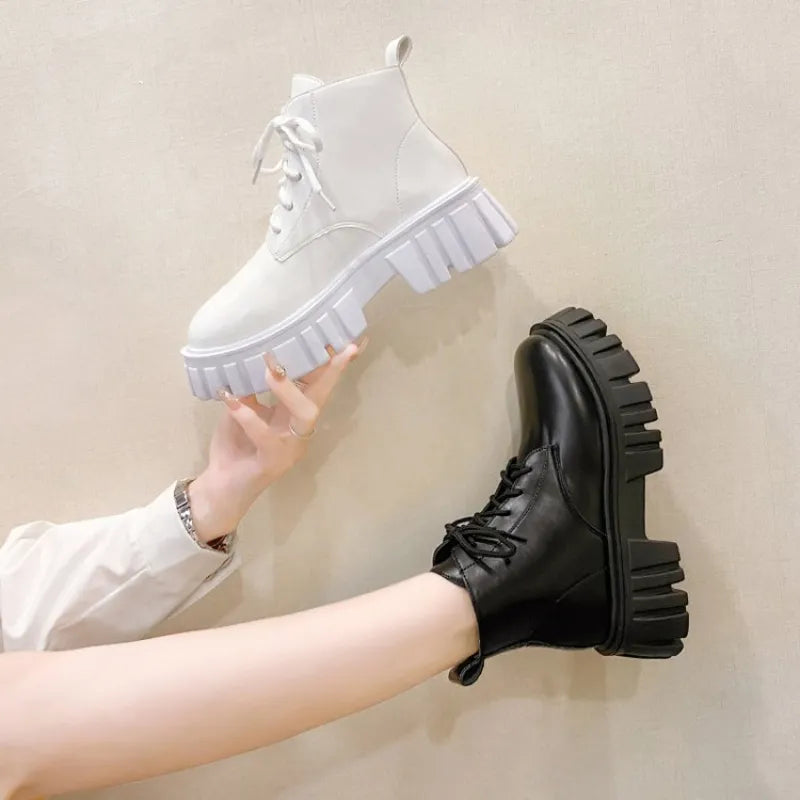 White New Women Ankle Boots  Autumn Winter Platform Zipper Women Punk Boots Thick Sole Lace Up Combat Booties Female Mujer