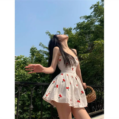 binfenxie White Suspender Dress Summer New Cherry Print Slim High Waist Short Skirt Sleeveless Sexy Female Sling Dress