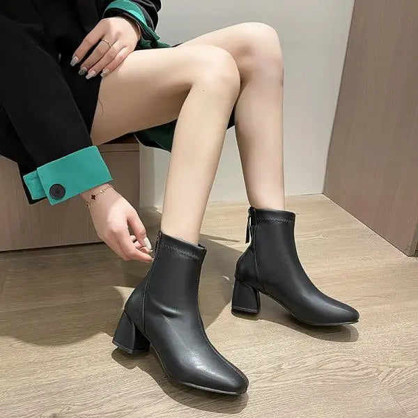 Winter Boots Lady Boots-Women Autumn Shoes Zipper Elegant High Heel Rubber Ankle Solid Basic Casual Square Toe PU Sewing Le