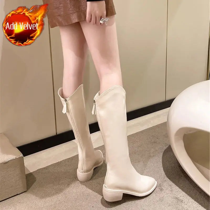 Ladies Boots Western Middle Heel Shoes For Women Pointed Toe Footwear Winter Knee High Shaft Punk Long With Stylish Y2k Pu