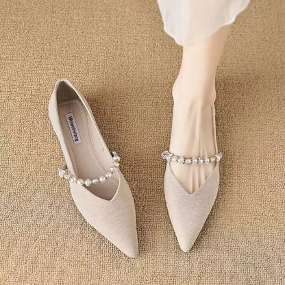 Women's Summer Footwear Pearl Pointed Toe Shoes for Woman White Moccasins Low Heel Elegant on Offer E Fashion Korean Style