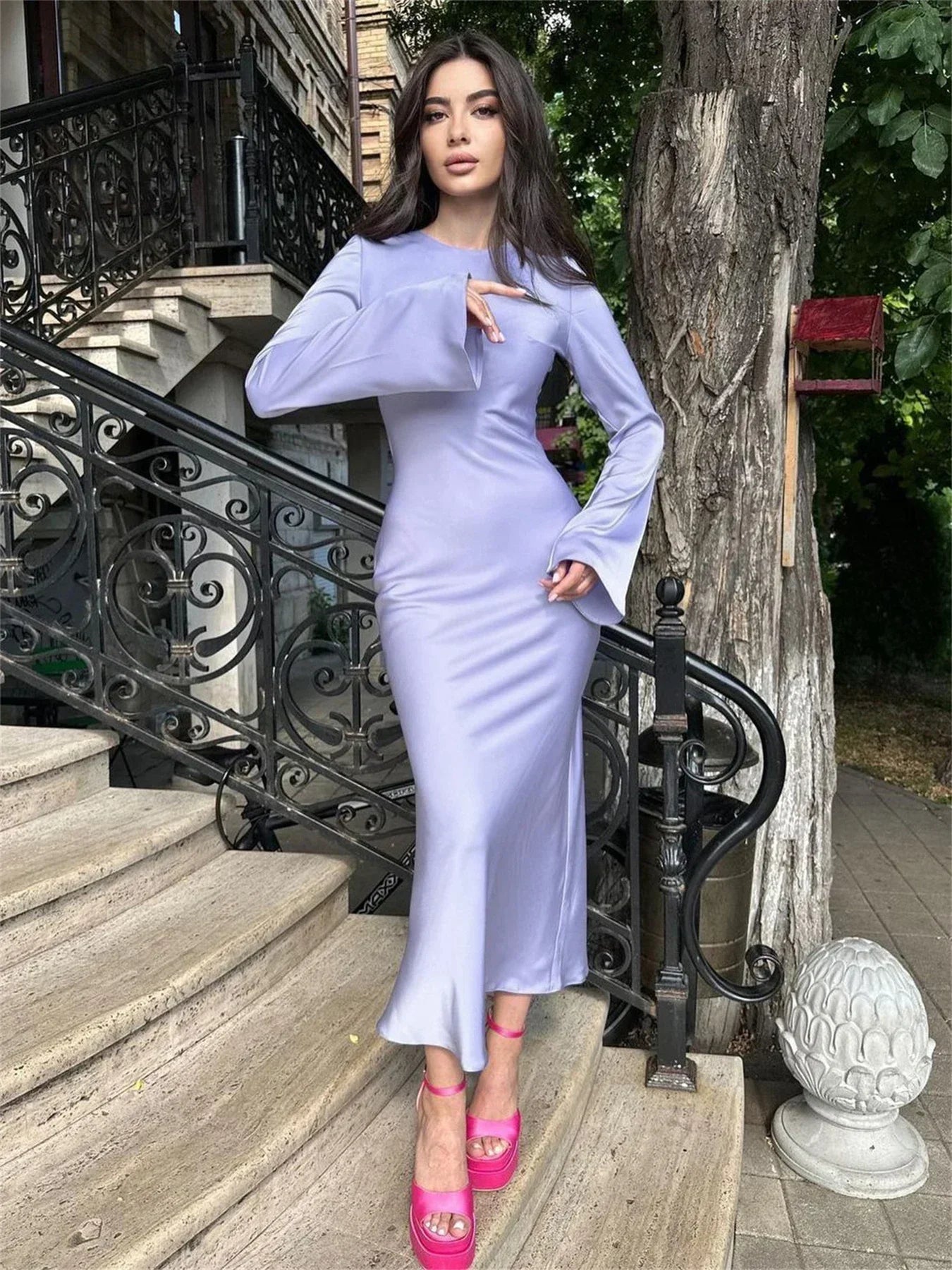 binfenxie Satin Fashion Slim Maxi Dress For Women Long Sleeve High Waist Elegant Solid Party Dress Casual Luxury Ladies Autumn Dress