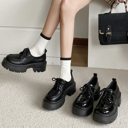 Patent Leather Platform Loafers Women Preppy Style Lace Up Oxford Shoes Woman Black Thick Bottom Y2K Shoes Female