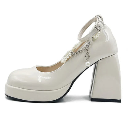 Y2K Chunky Platform High Heels Pumps Women Summer Patent Leather Black White Lolita Shoes Woman Pearl Ankle Straps Pumps