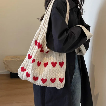 binfenxie Large Capacity Fashion Women Shoulder Bag Woven Heart Casual Simple Handbag Harajuku Style Fresh High Quality Shopping Bag