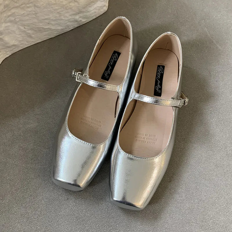 binfenxie  -   Summer New Brand Women Sliver Flats Fashion Square Toe Shallow Mary Jane Shoes Soft Casual Ballet Shoes Slingback Shoes