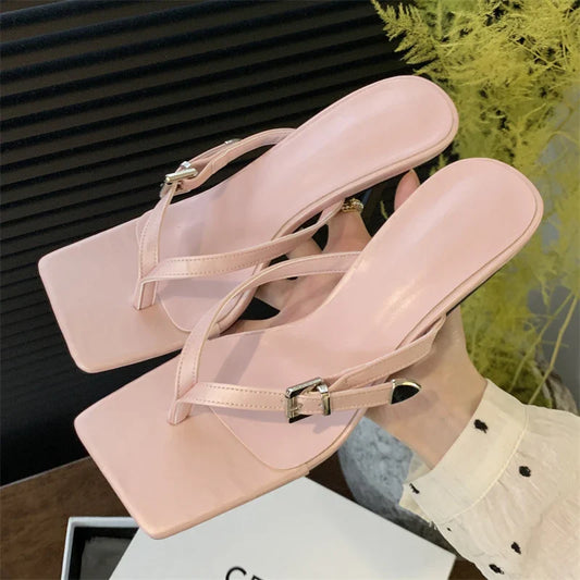 binfenxie  -   Summer Fashion Clip Toe Buckle Women Slippers Gladiator Sandals Party Thin Heels Flip Flops Slides Shoes Zapatos De Muje