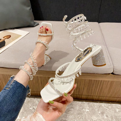 Summer New Square Head Rhinestone Shoes Crystal Pendant Party Wedding Shoes Mid Heel Fashion Sandals Women