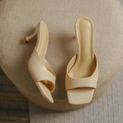 binfenxie  Square Toe High Heel Women Slippers Summer Genuine Leather Prom Pumps Series Thin Heel Sandals Ladies Slippers