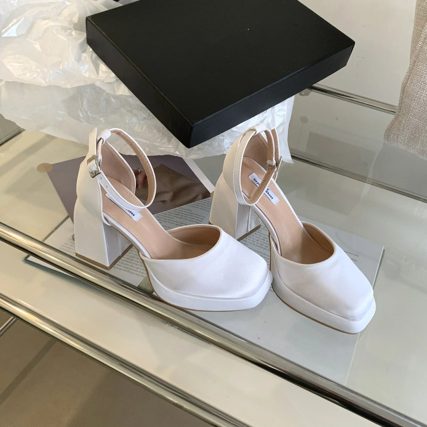 New Silk Wedding Party Women Pumps Sandals Punk Style Platform Buckle Strap Thick Square High Heels Shoes