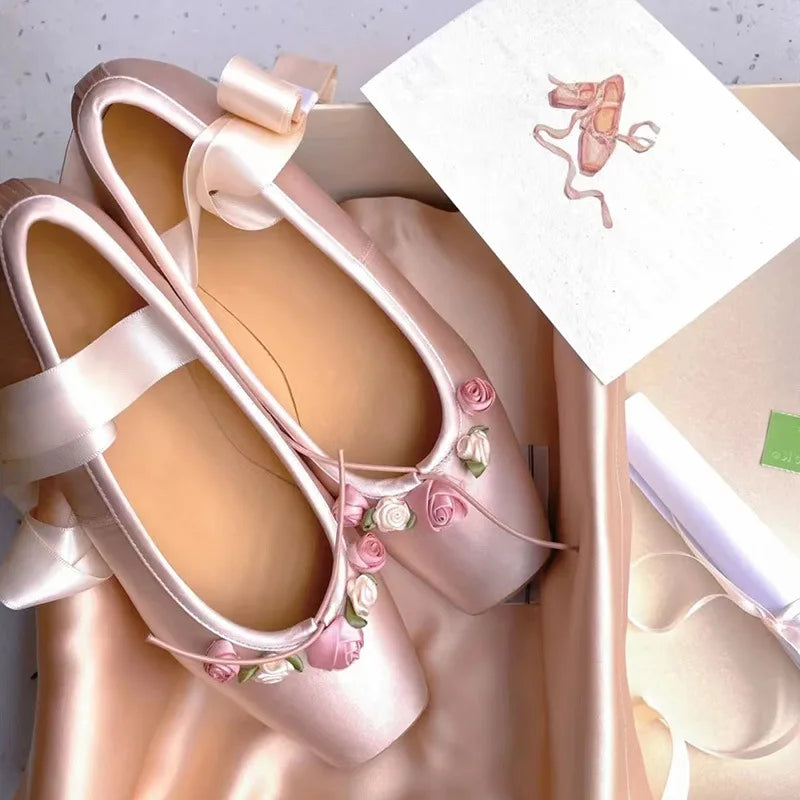 NEW Classic Silk Ballet Shoes Ribbon Lace Up Ballet Shoes Women Square Toe Rose Flower Elegant Valentine Flats Pink Apricot