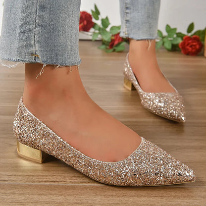 Gold Low Heels Pumps Women Spring Shiny Sequins Pointed Toe Party Shoes Woman Plus Size Simple Thick Heeled Bride Shoes