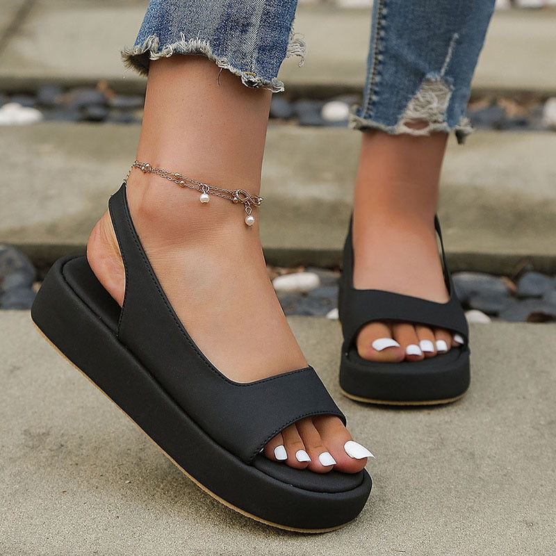 White PU Leather Platform Sandals Women Casual Back Strap Flat Sandals Woman Summer Open Toe Non Slip Beach Shoes Plus Size