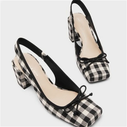 Women's thick heel sandals retro square toe plaid high heel slingbacks spring summer high heel Baotou plaid shoes