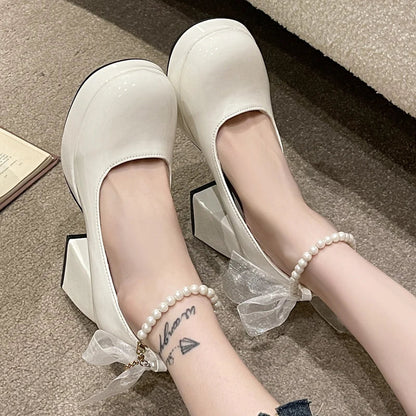 Pearl Ankle Strap Platform Pumps for Women Super High Heels Patent Leather Mary Jane Shoes Woman Lace Bowknot Dress Shoes Ladies