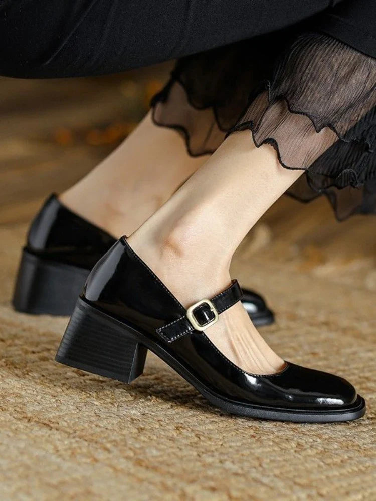 binfenxie  -   Autumn Solid Medium Heels Sandals Office Ladies Buckle Casual Korean Style Pumps Non Slip Soft Elegant Shoes Woman Vintage