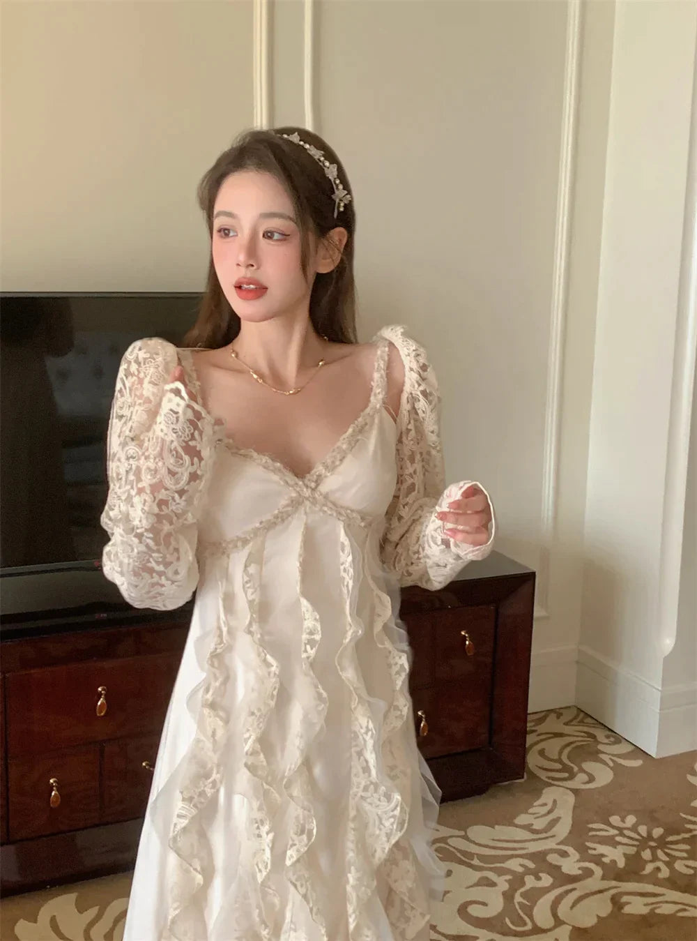  Summer Pure Color Office Lady Sweet Lace Long Dress Beach Style Y2k Travel Dress Women Elegant One Piece Dress Korean