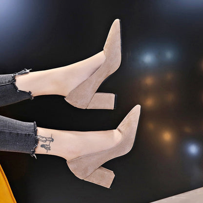 New Women Pumps Flock Sweet Thick High Heels Female Sexy Office Pointed Toe Dress Work Pump Cute Shoes Ladies Footwear