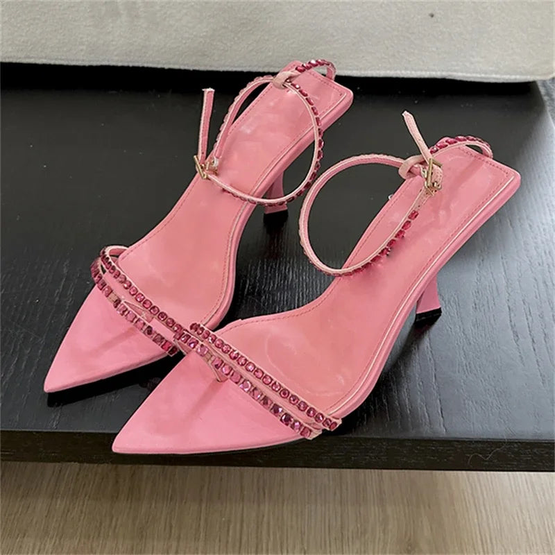 Summer Sexy Crystal Narrow Band Buckle Strap Women Sandals Pointed Toe  High Heels Banquet Party Shoes Zapatillas