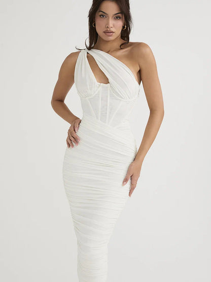 Elegant One Shoulder Ruched Midi Dress For Women Club Party Outfits Summer New Sleeveless Backless Bodycon Long Dress