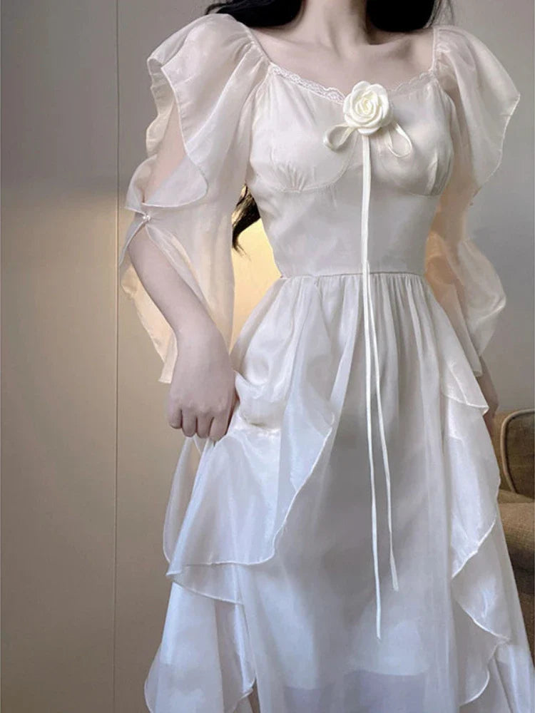 binfenxie Elegant White Dress Women Fairy Dresses Summer Chiffon Vintage Female Sundress Ruffles Holiday Style Fashion Robe