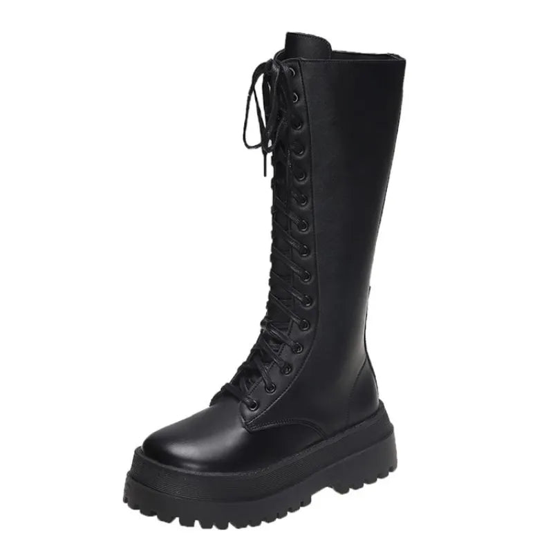 New Women Motorcycle Knee-high Boots Woman Fashion Thick Sole Platform Flats Heels Zipper Botas Femininas Long Booties