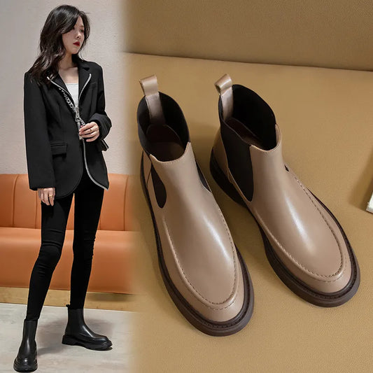 Hot Genuine Leather Women's Boots Retro British Style Slip-On Chelsea Boots Fashion Ankle Boots Round Toe Flat with Women Shoes