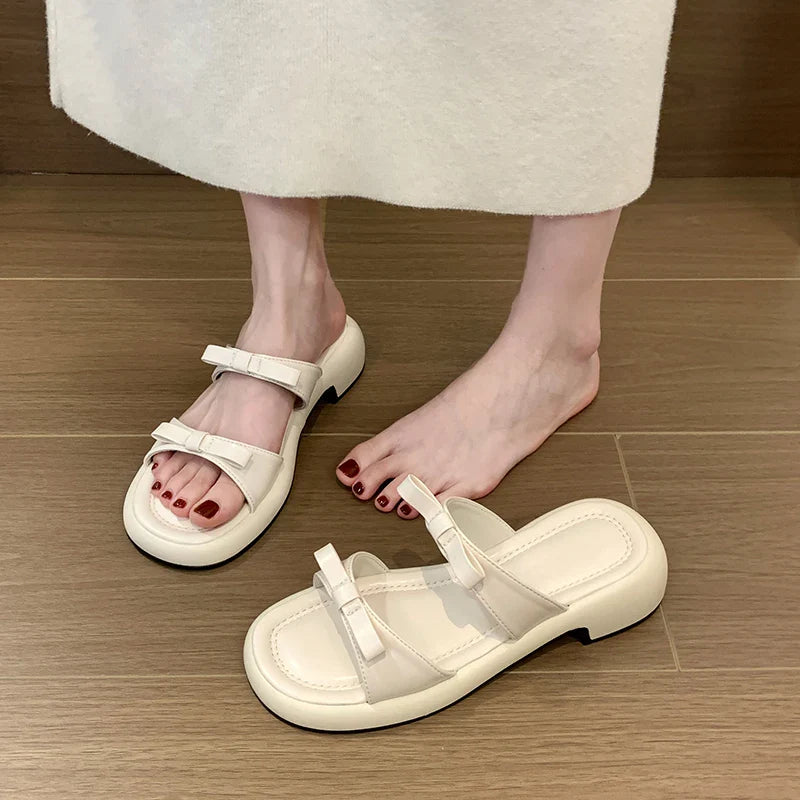 New Fashion Straps Summer Beach Shoes 4.5cm Square Heels Slippers Women Sweet Bow  Outside Summer Sandals Shoe Slides