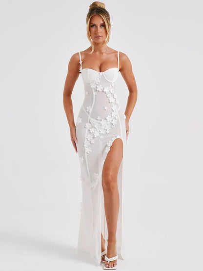 Elegant Sheer Mesh Sexy Maxi Dress For Women White See Through Spaghetti Strap Sleeveless Thigh High Split Long Dress