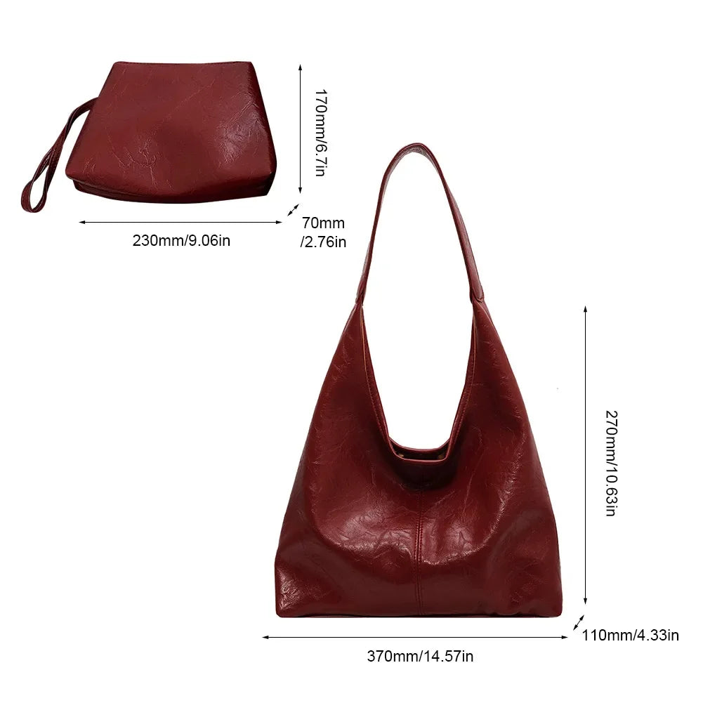 binfenxie  Women's PU Leather Soft Shoulder Bag Vintage Wine Red Ladies Underarm Bag 2pcs Commuter Versatile Tote Bag Quality Large Handbag