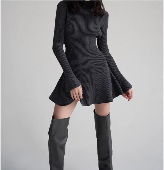 binfenxie Autumn and Winter Women's Fashion Sexy Dress Temperament High Neck Long Sleeve Waist Short Solid Color Knit Dress INS