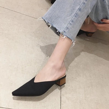 Summer with Heel Slides Pointed Toe Shoes Mules Women's Slippers and Ladies Sandals Black Outside Non Slip Korea Style 39 F