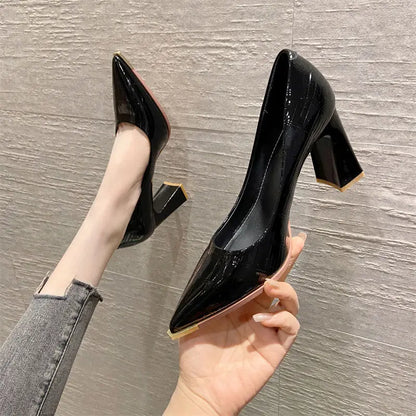 Women's Summer Footwear Block Heel Shoes for Woman Chunky Heels Pointed Toe Black Super High Normal Leather Casual Office A