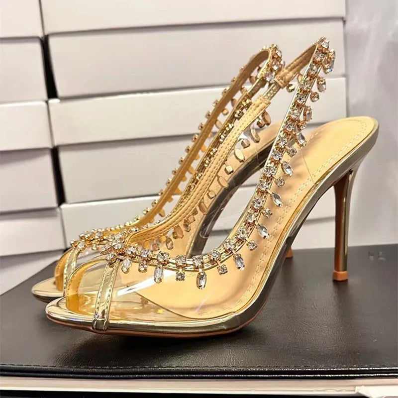 Futurecen Sexy Peep toe Transparent PVC Women Pumps Luxury Crystal Tassel Slingbacks thin High heels Spring Summer Wedding Party Shoes