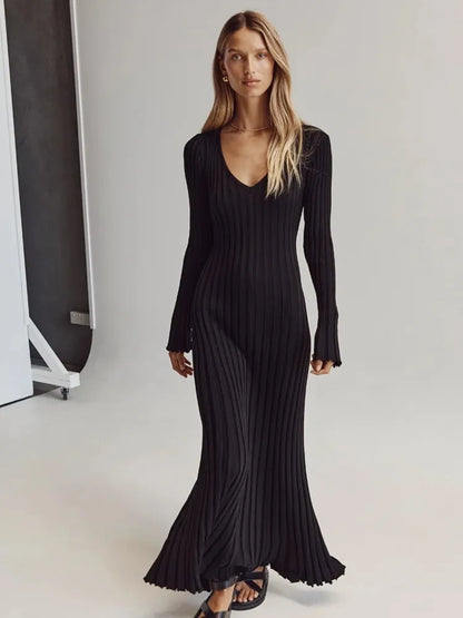 Solid Elegant Ribbed Women Knitted Midi Dress Fashion V-neck Long Sleeve Lace Up Dresses Autumn Lady Chic Streetwear Robe