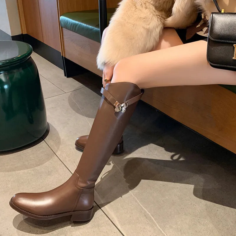 Luxury Brand Women Genuine Leather Riding Boot Kneehigh Equestrian Designer Shark Lock Boot Winter Shoe 33-42