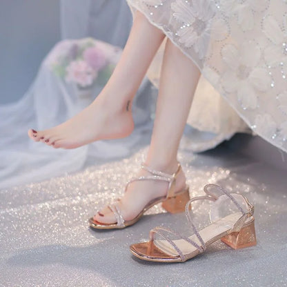 Summer Square Heels Ladies Shoes Rhinestones Footwear Open Toe Sandals for Women Diamond Party Weddings Trend Korea Shoe H