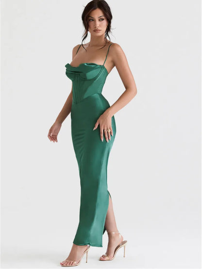 Satin Sexy Backless Maxi Dress For Women Robe Fashion Spaghetti Strap Sleeveless Skinny Party Long Dress Vestido