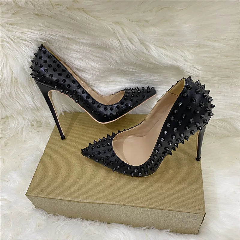 Women Pumps Summer Rivet High Heels Pointed Toe Stiletto Ladies Leather Shallow Mouth Single Shoes Willow Fashion Females